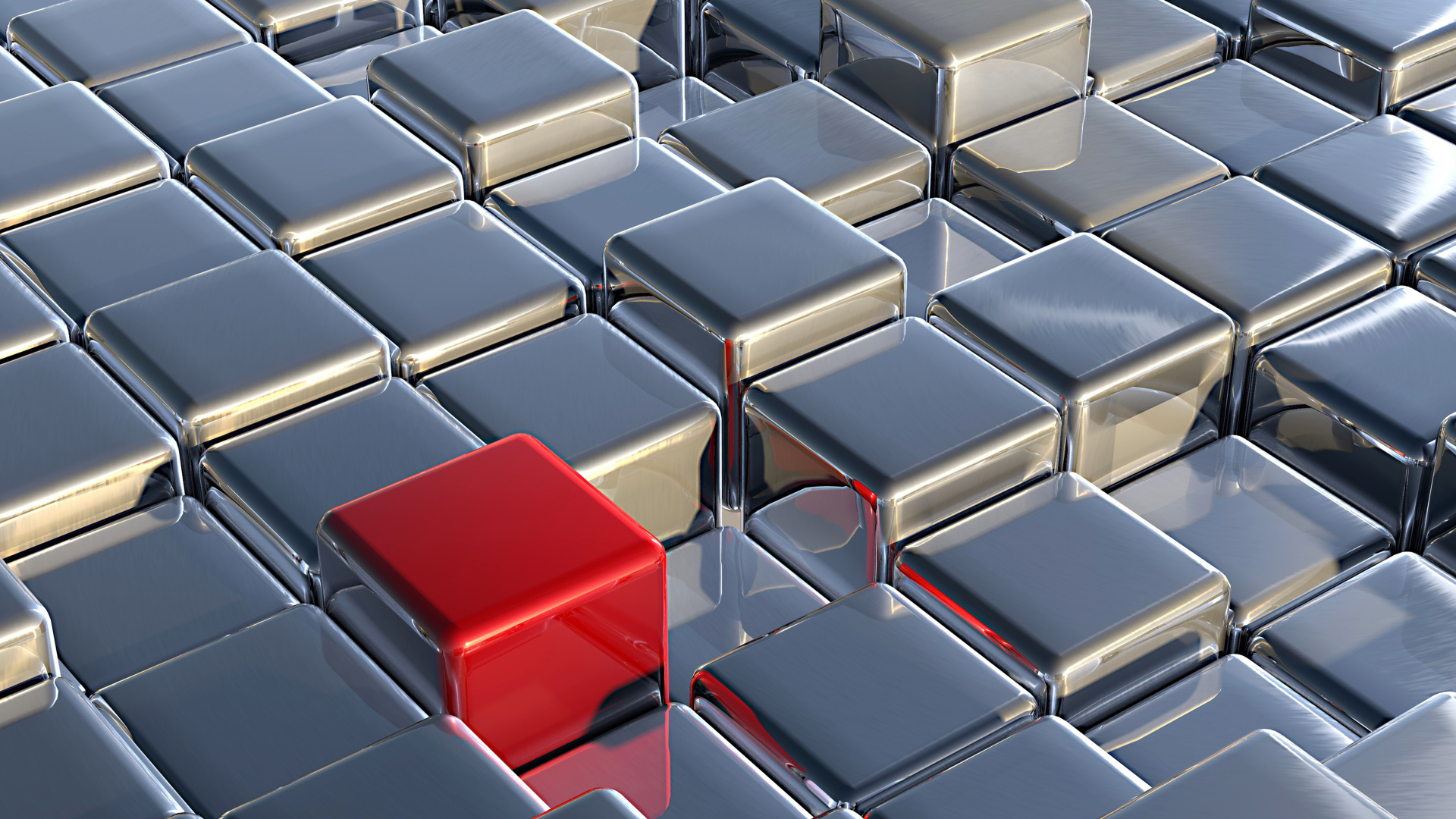 Red cube among silvery, 3d graphics