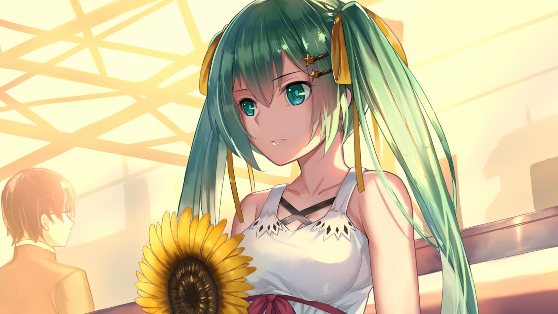 Девушка аниме Мику Хацунэ с подсолнухом в руках
