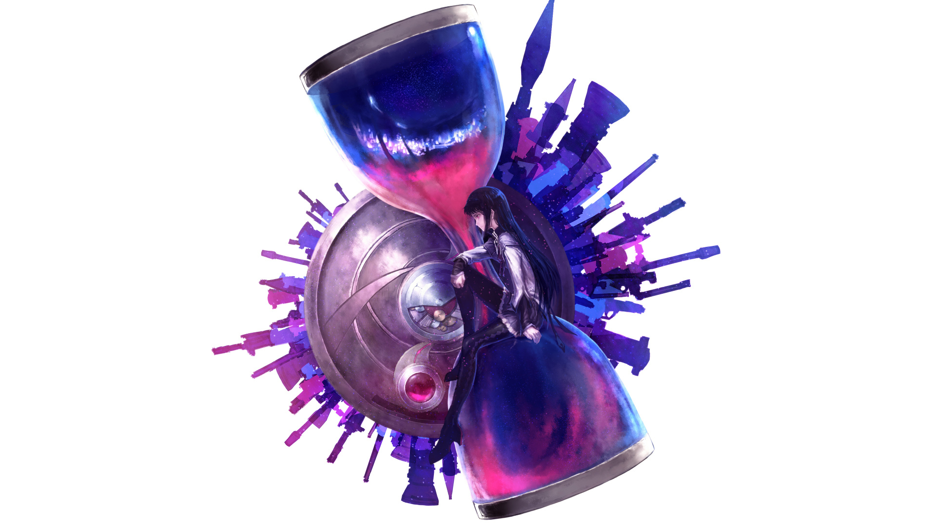 Девушка аниме сидит на больших песочных часах на белом фоне