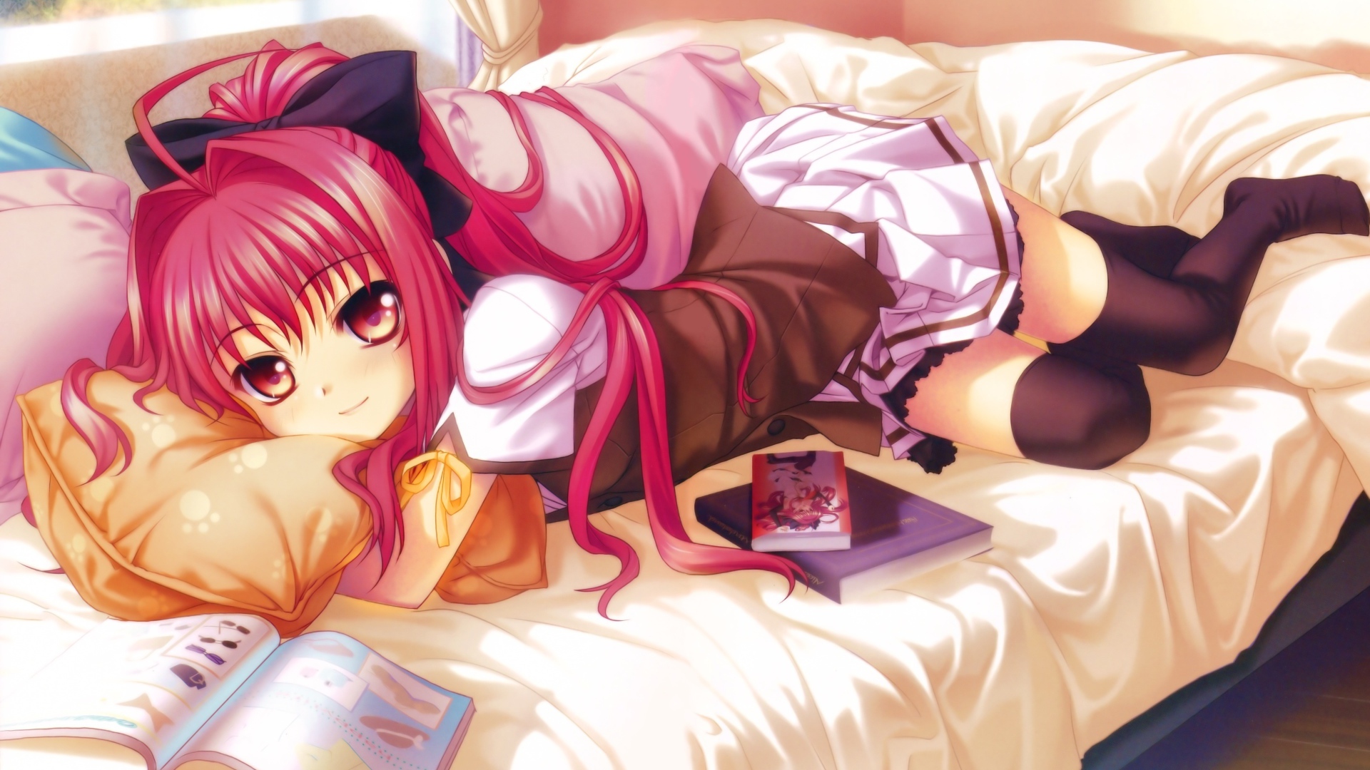 Anime girl with books lying on the couch