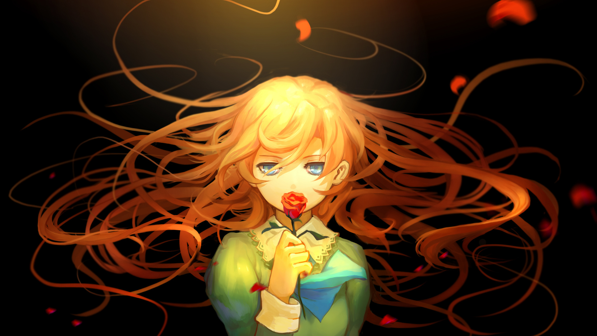 Рыжеволосая девушка аниме с розой в руках