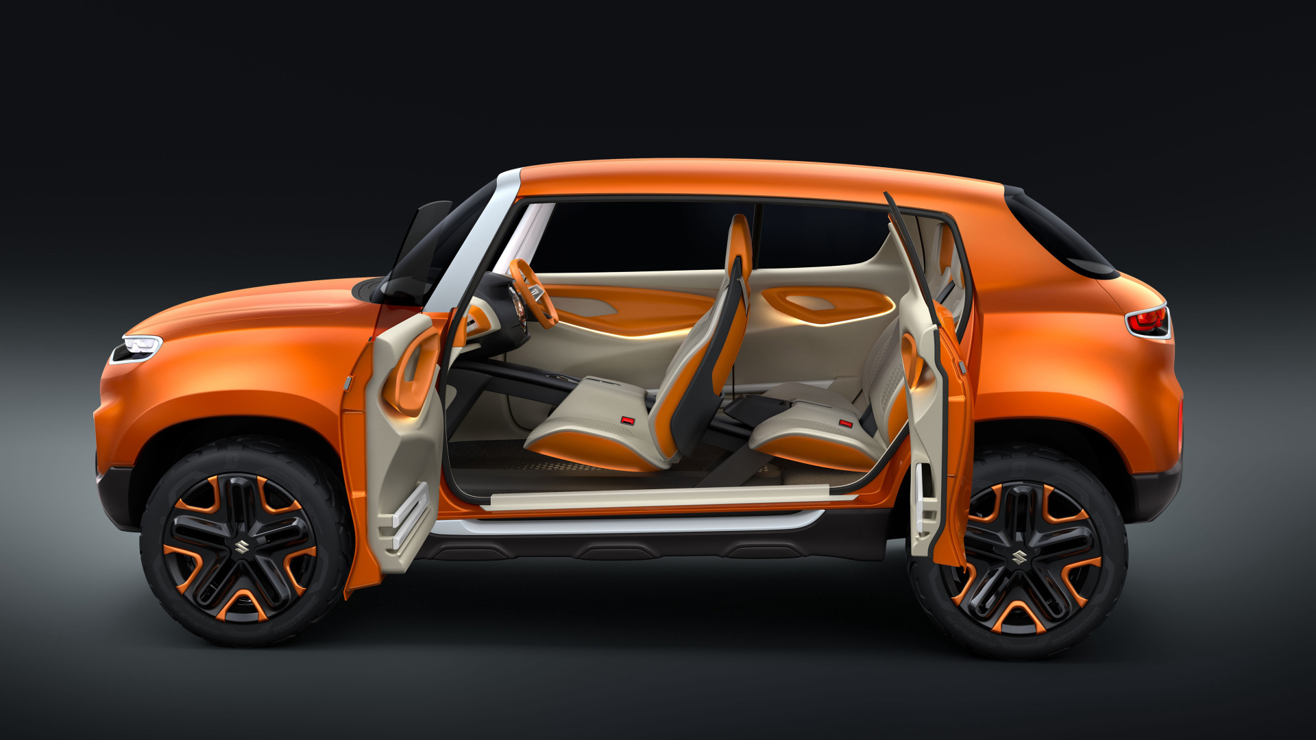 Оранжевый автомобиль Suzuki Concept Future S, 2018 с открытыми дверями