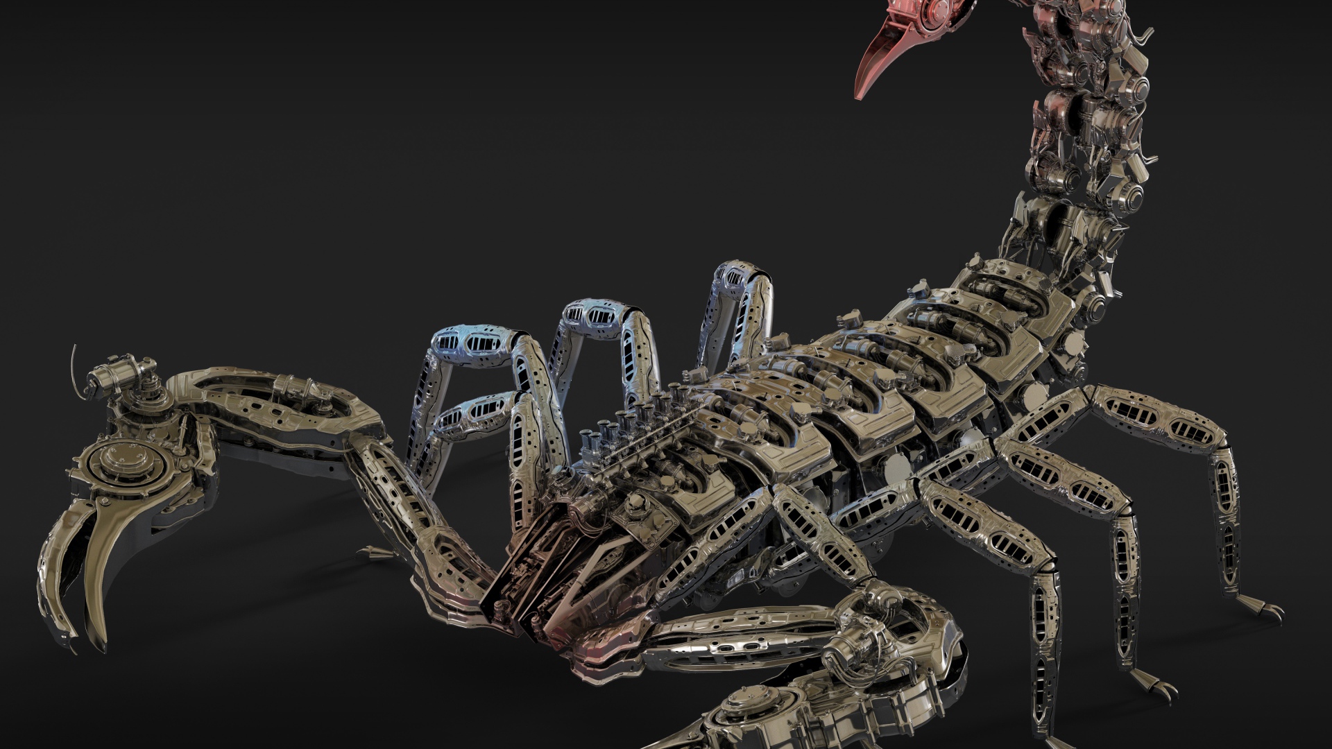 Металлический робот скорпион на сером фоне