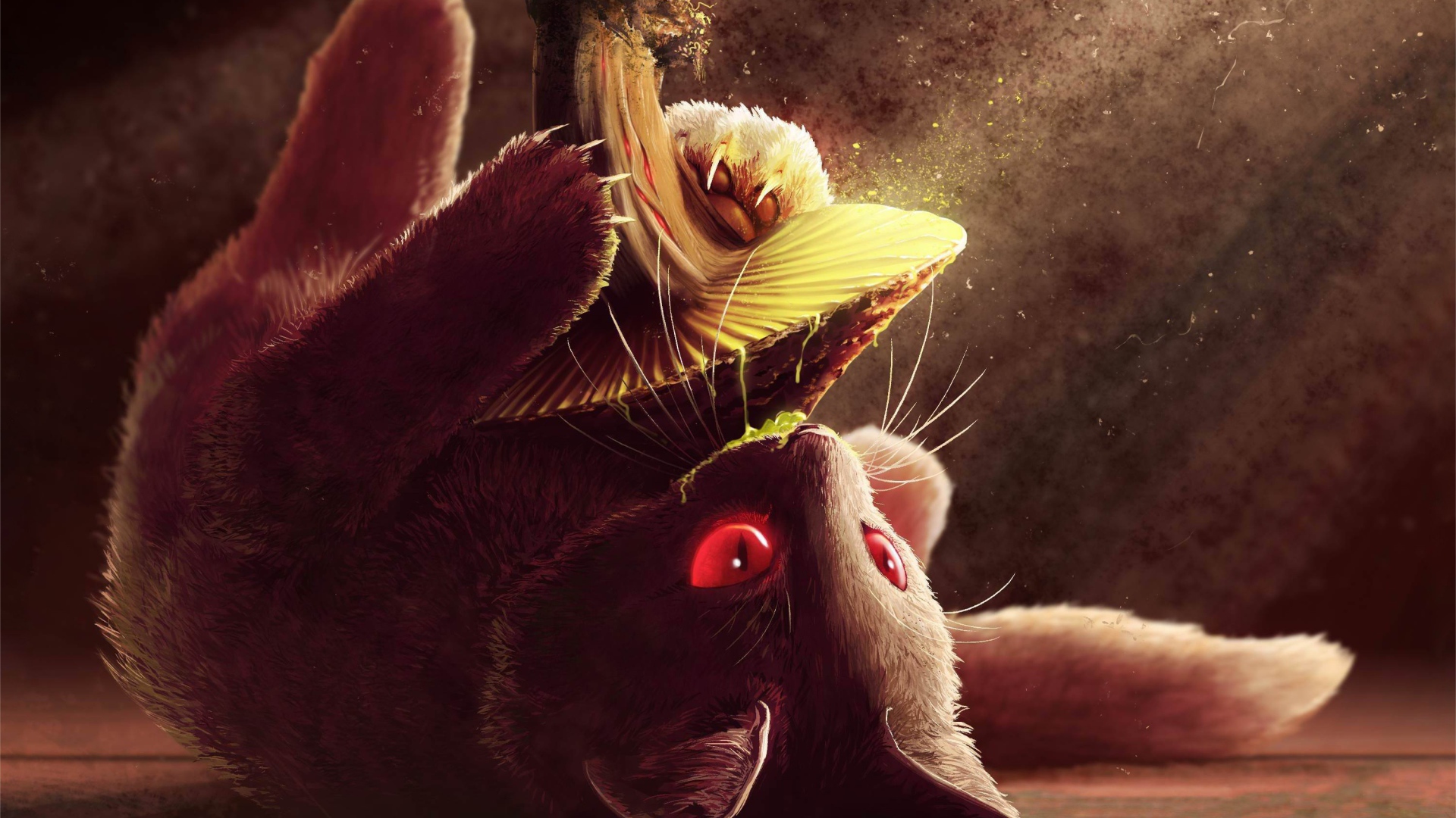 Нарисованный котенок с грибом 