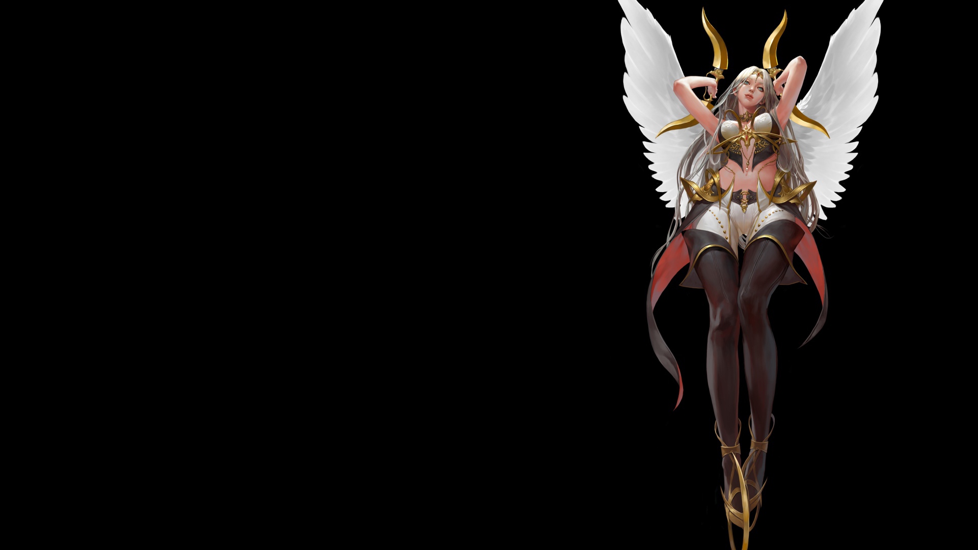 Девушка Ангельский Воин на черном фоне фэнтези