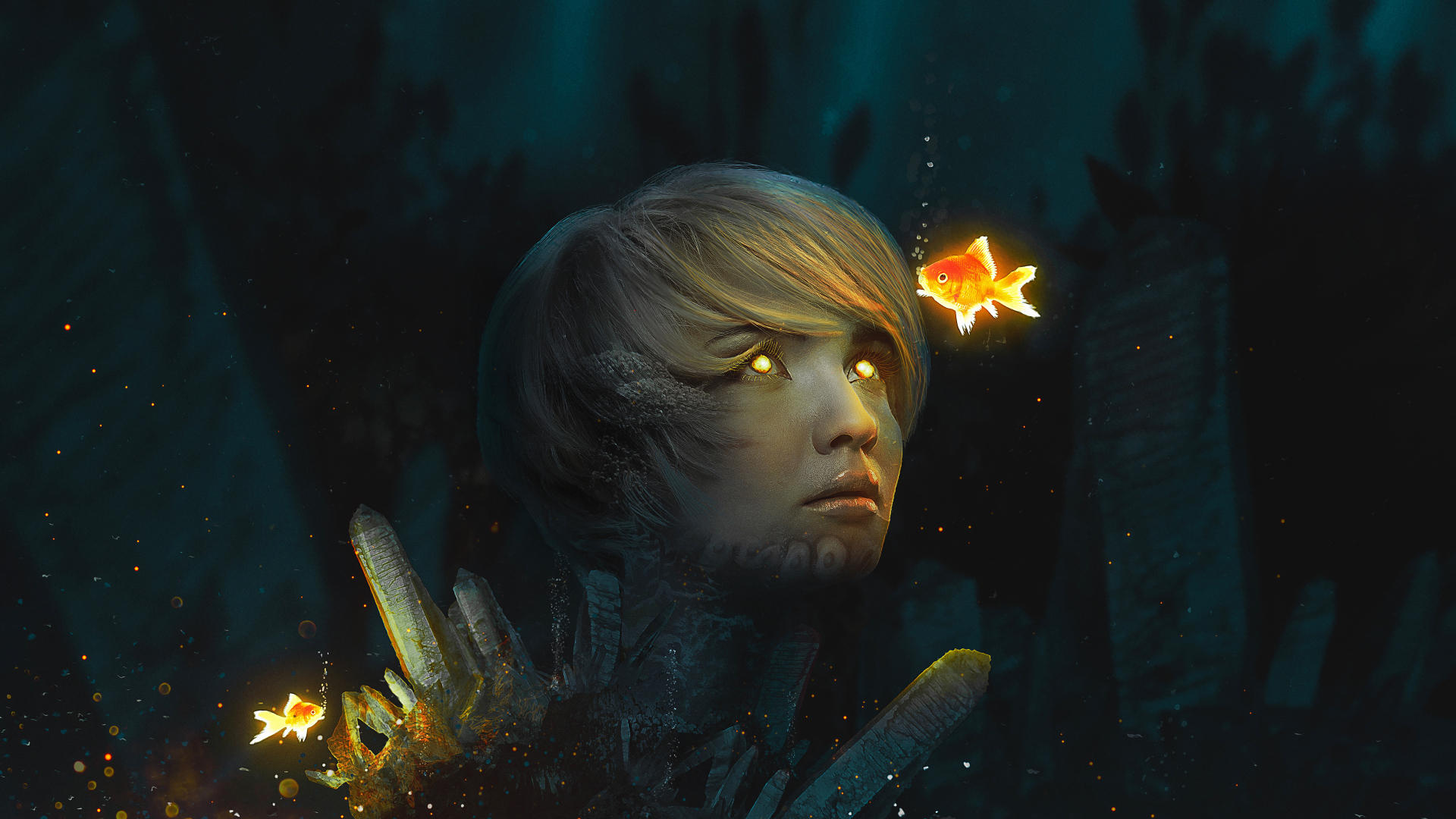 Девушка со светящимися глазами на дне с золотыми рыбками