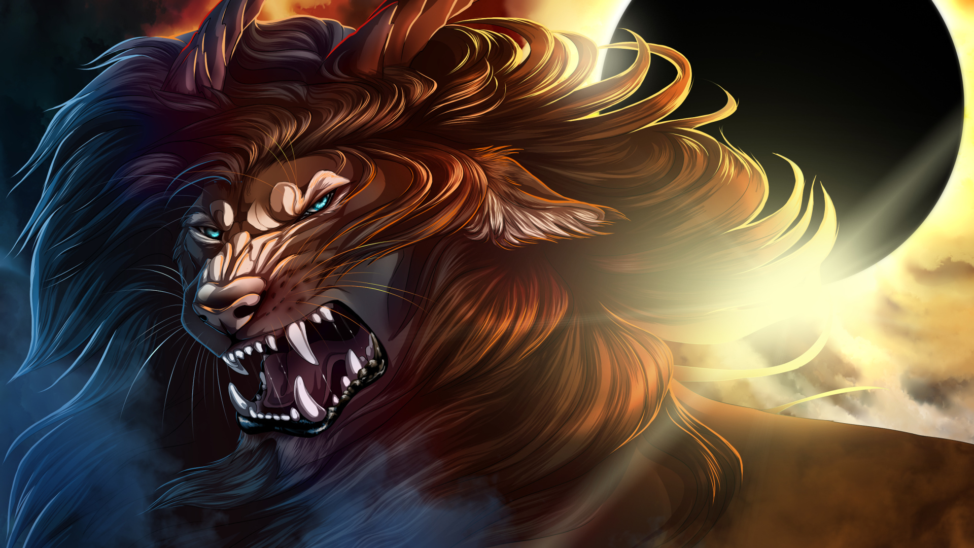 Грозный лев с рогами на фоне черной луны, фэнтези