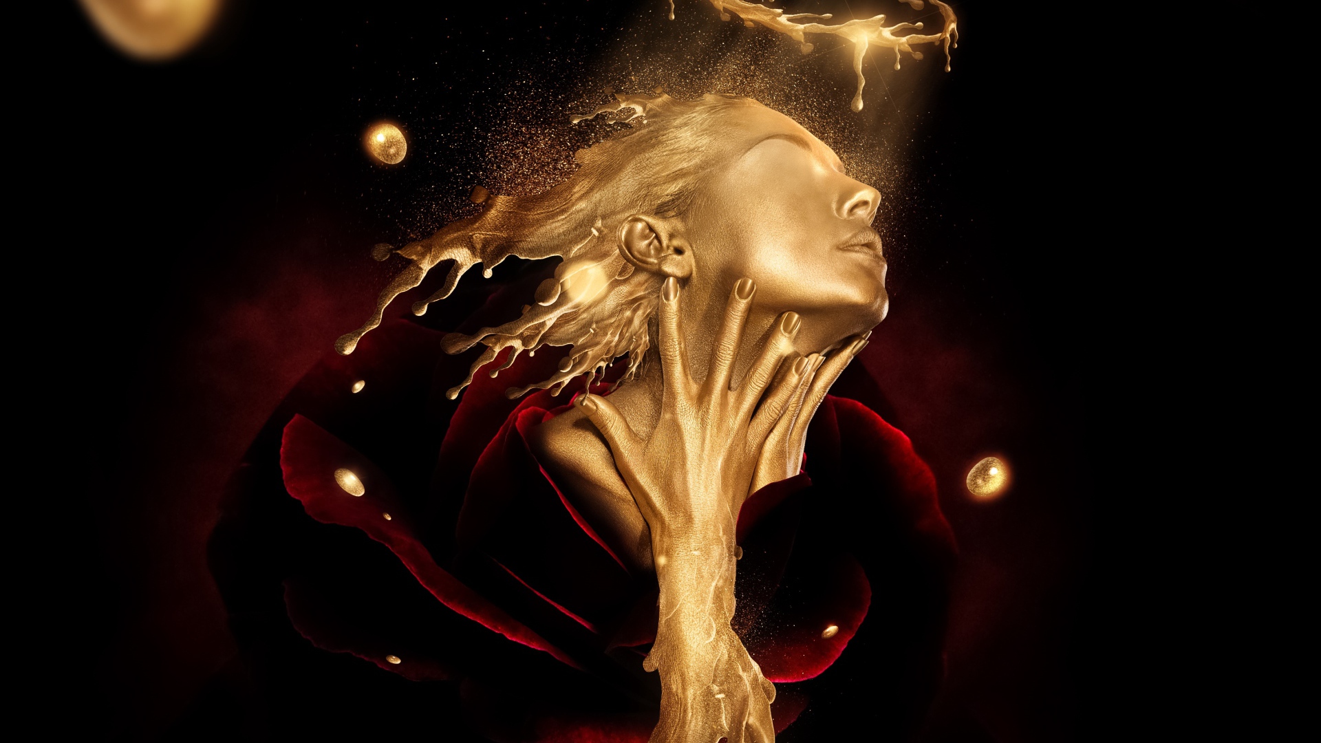 Лицо девушки из золота в красной розе, фэнтези