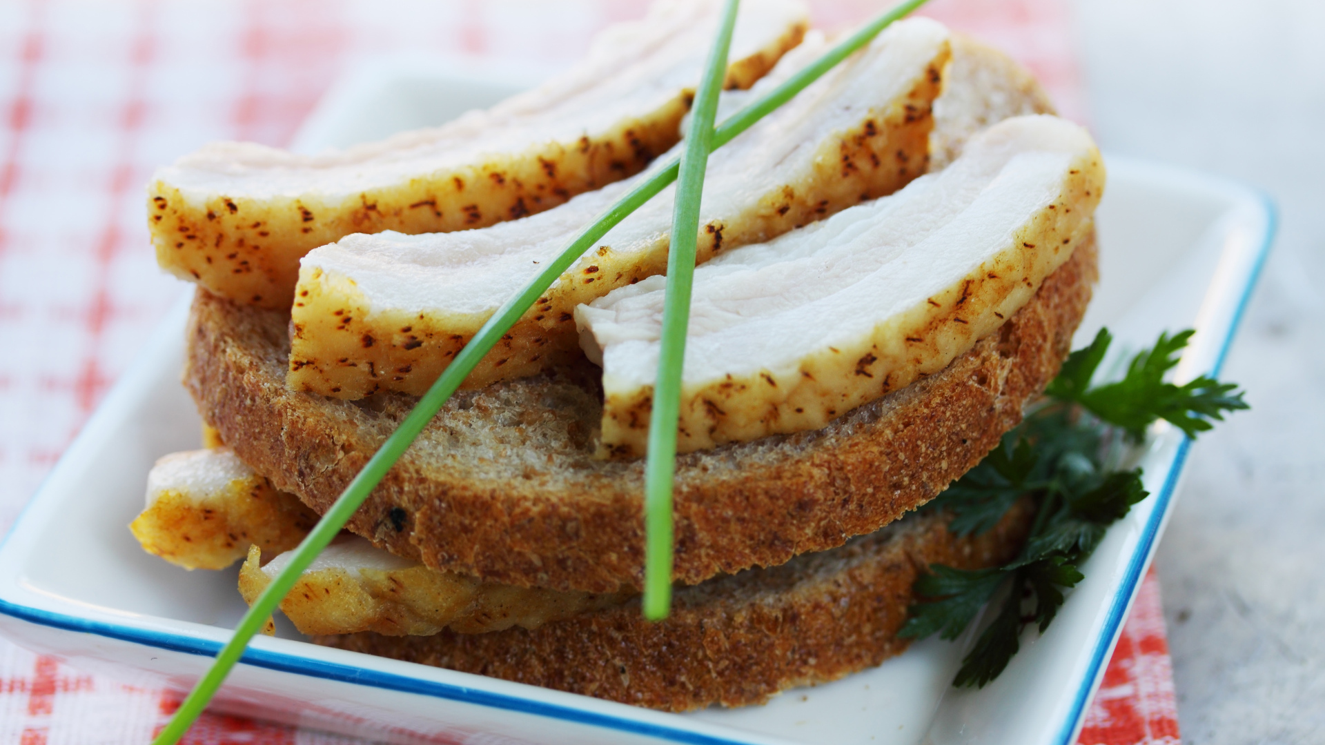 Черный хлеб с салом и зеленью на столе