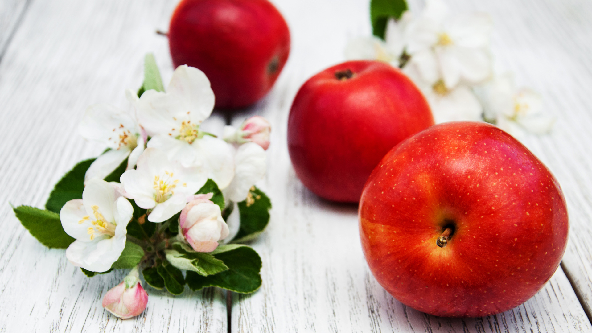 Три красных яблока с цветами на деревянной поверхности