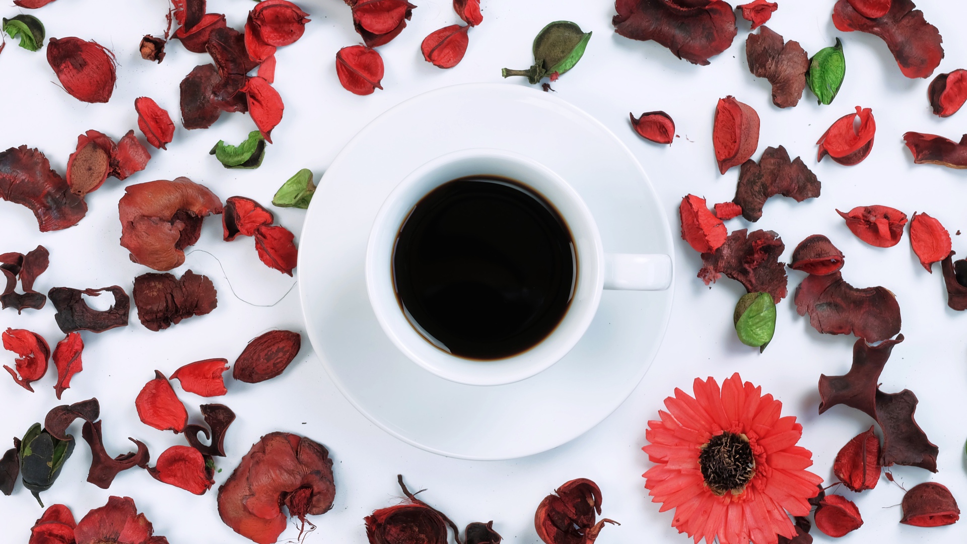Чашка кофе на белой поверхности с сухими лепестками 