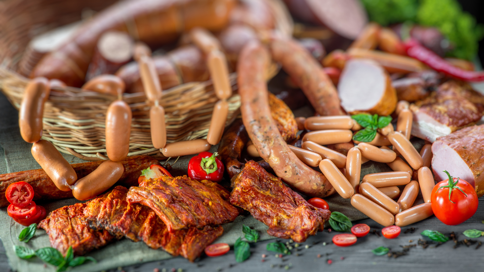 Копченые ребрышки с колбасой на столе 