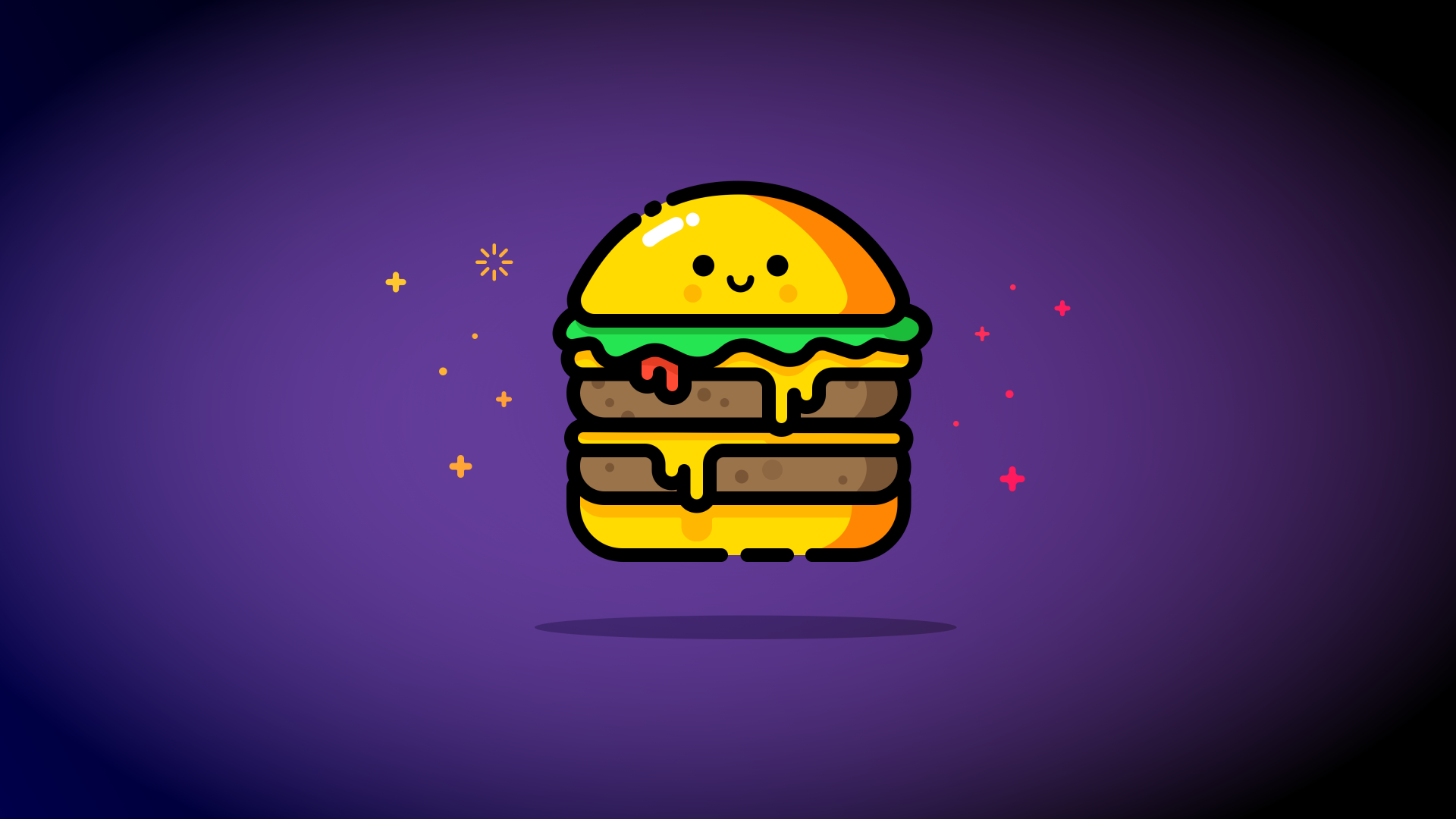 Painted cheerful hamburger on a purple background