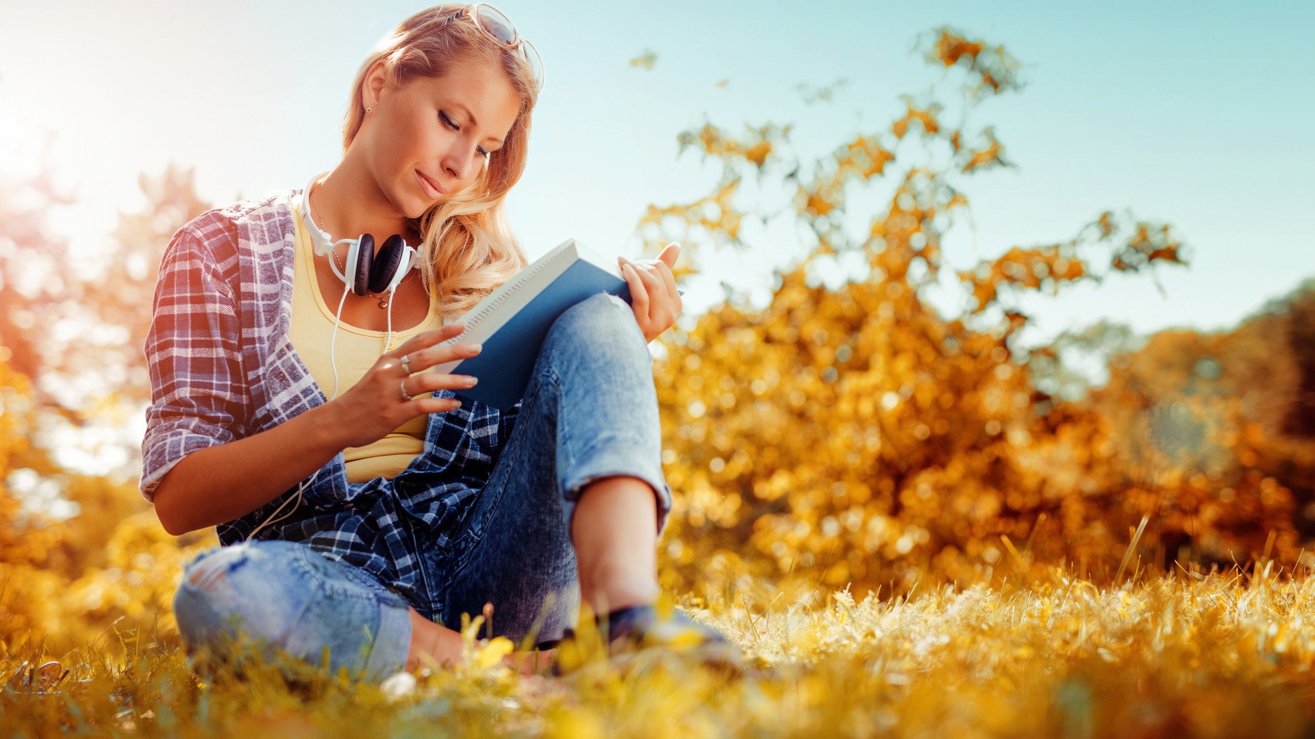 Молодая девушка читает книгу на желтой траве осенью