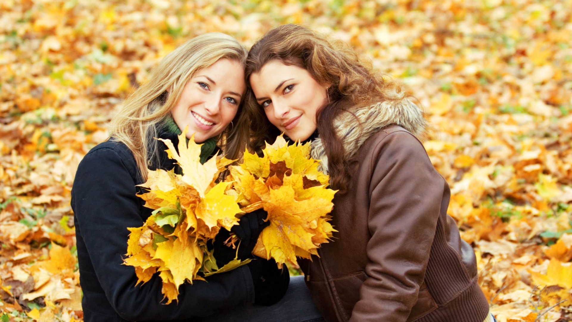 Две красивые девушки с желтыми листьями в руках