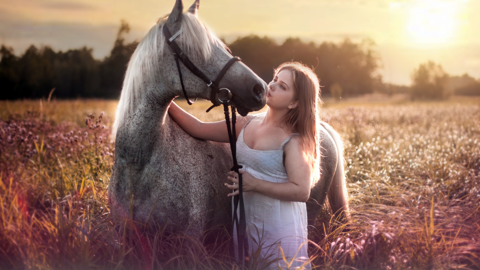 Молодая девушка с лошадью на поле