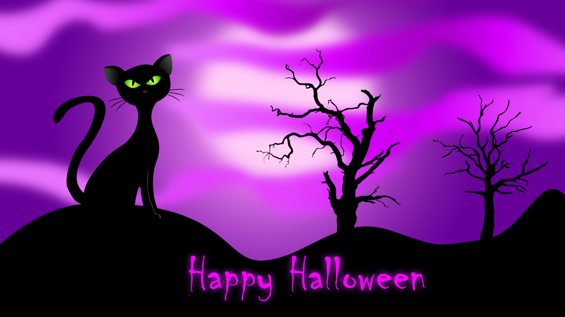 Черный кот на фиолетовом фоне на праздник Хэллоуин
