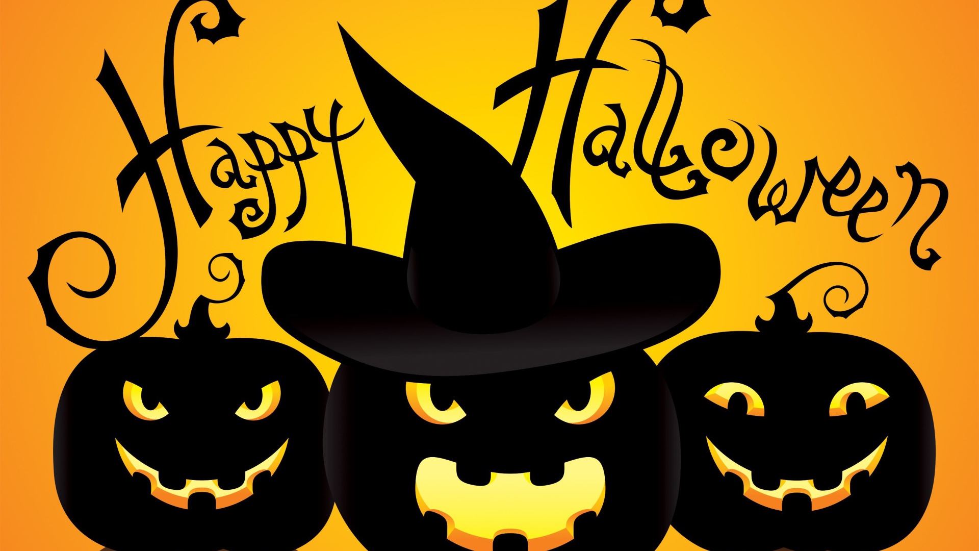 Черные тыквы в шляпах на желтом фоне к празднику Хэллоуин