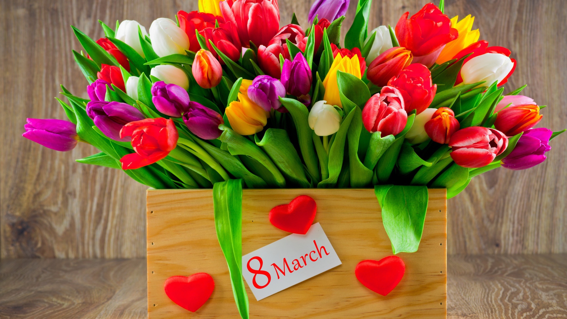 Ящик разноцветных тюльпанов на Международный женский день 8 марта