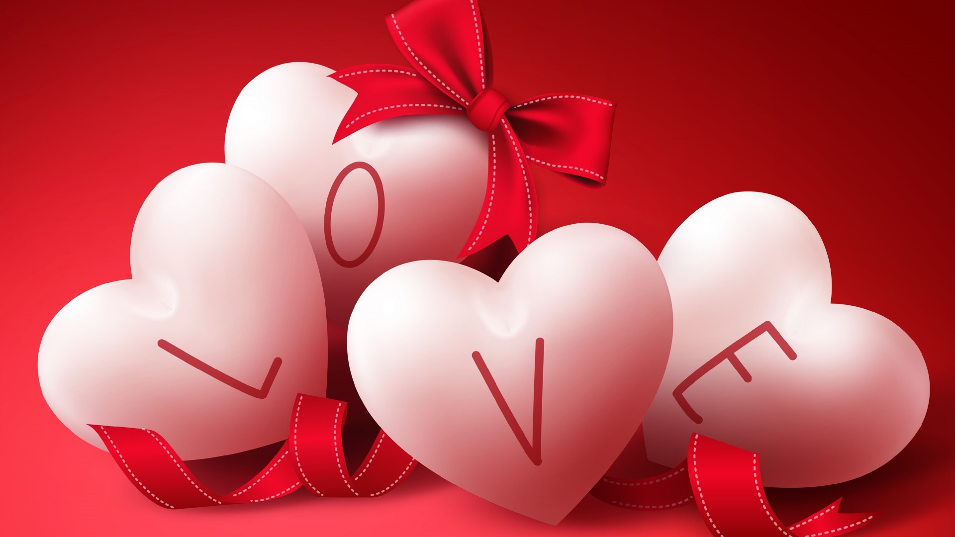 Большие белые сердечки на красном фоне с бантом