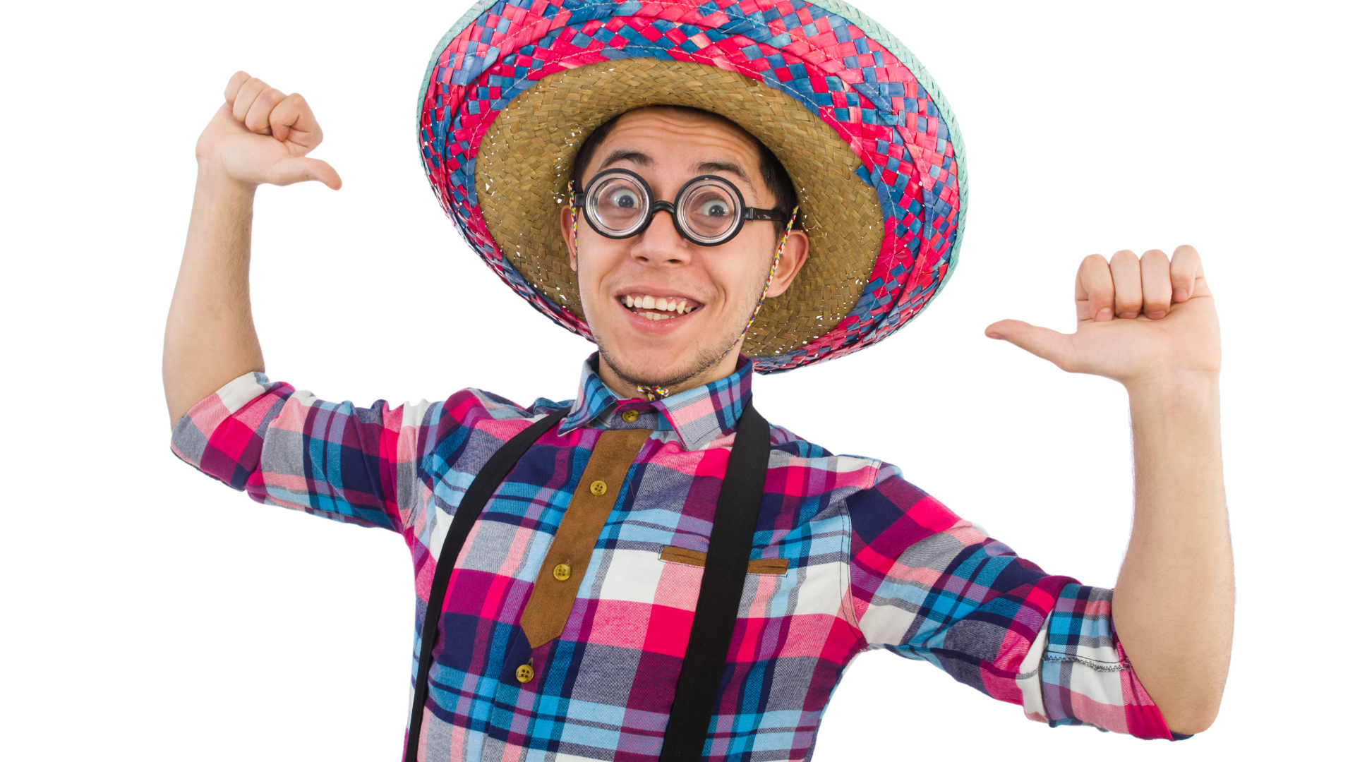 Cheerful guy with glasses and a big hat on a white background