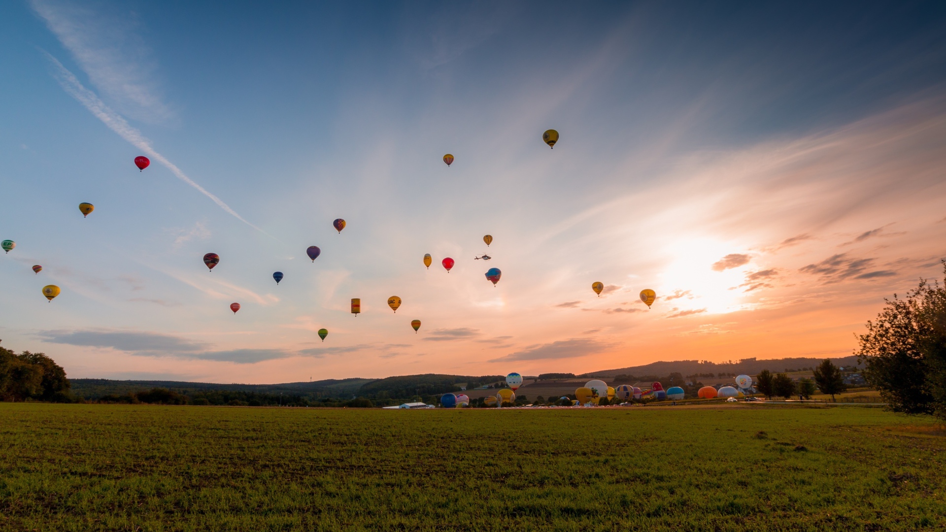 Balloons in the sky above the green field