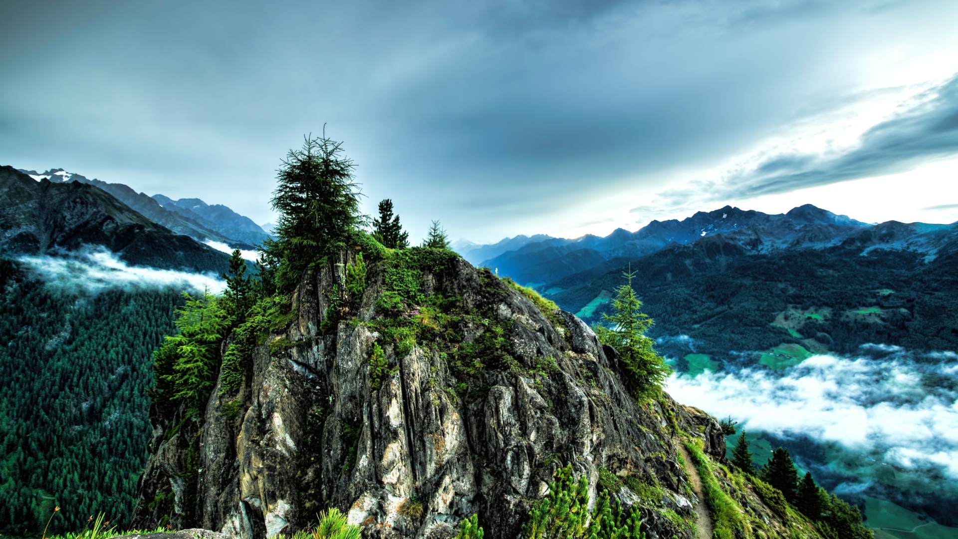Firs atop a cliff under a cloudy sky