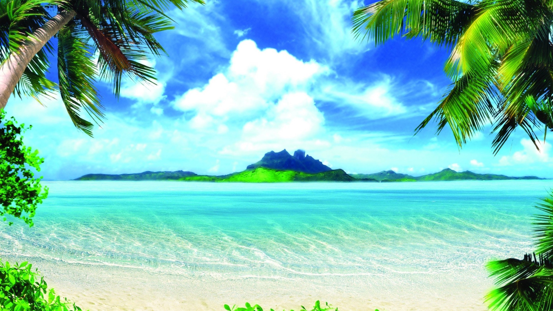 Beautiful tropical beach under blue sky with white clouds.