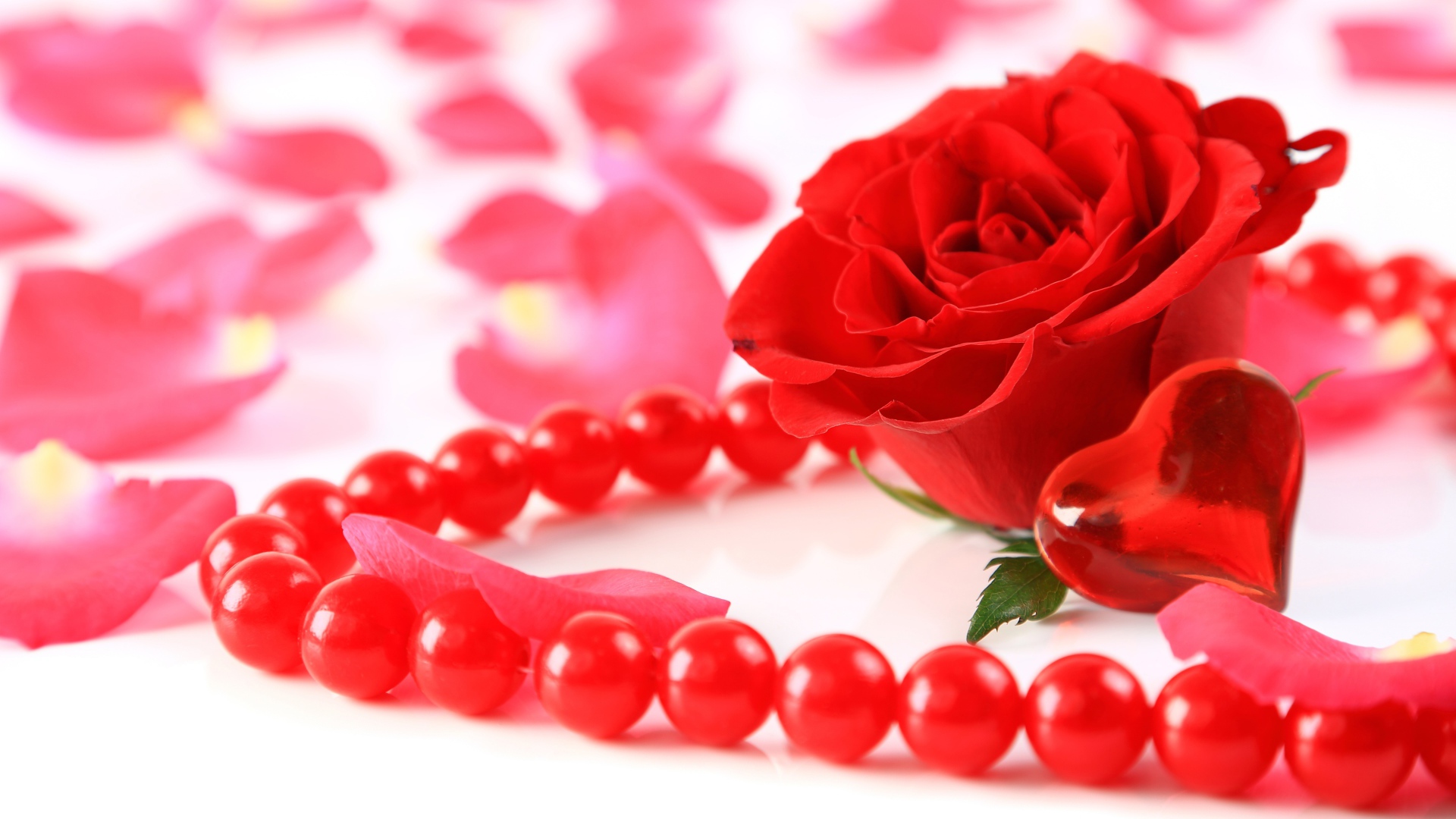 Красная роза с бусами и маленьким красным сердечком