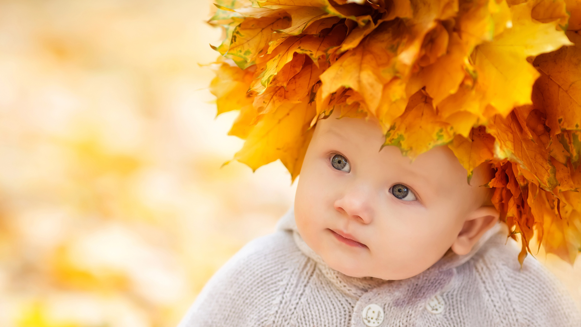 Маленький милый ребенок с венком из желтых листьев на голове 