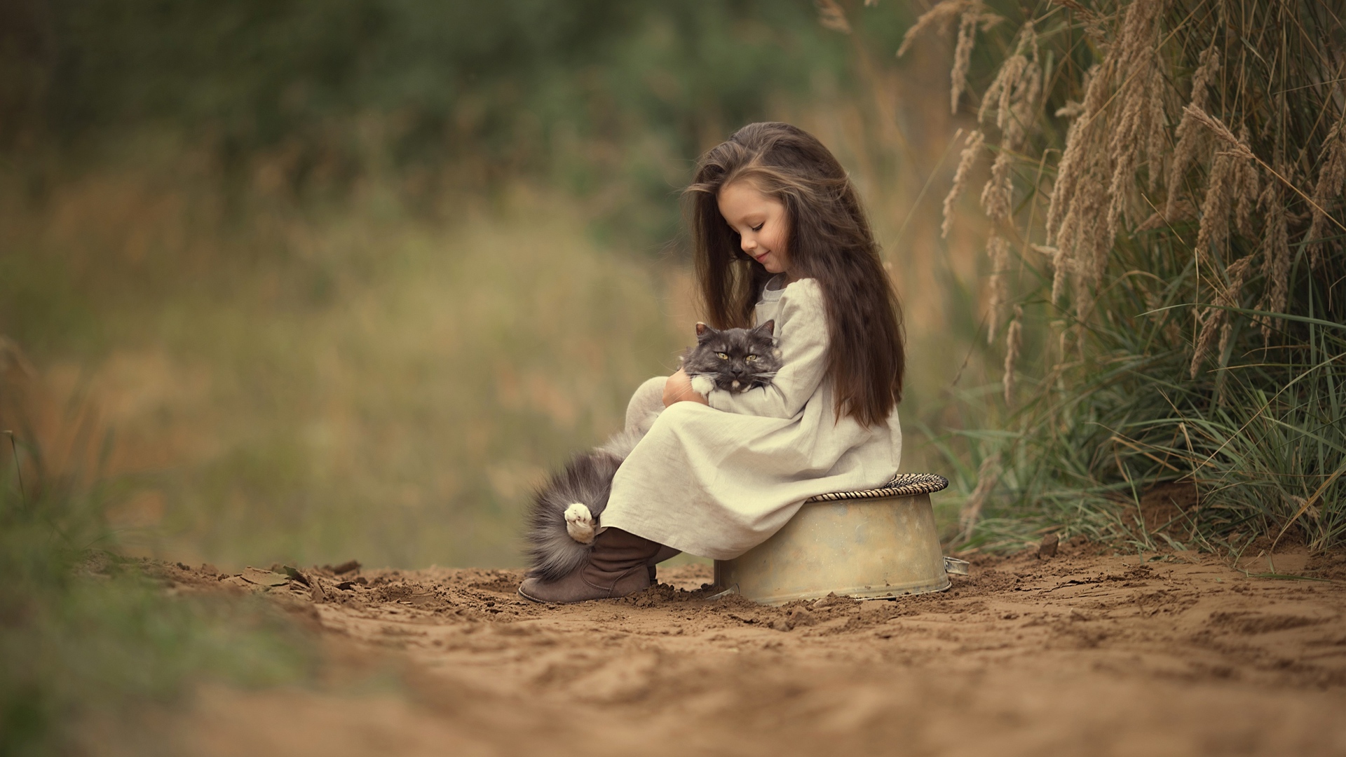 Маленькая милая девочка с котом на дороге 