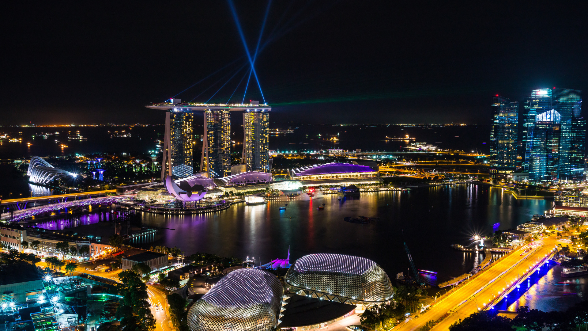 Ночные огни залива Marina Bay Сингапур, Азия