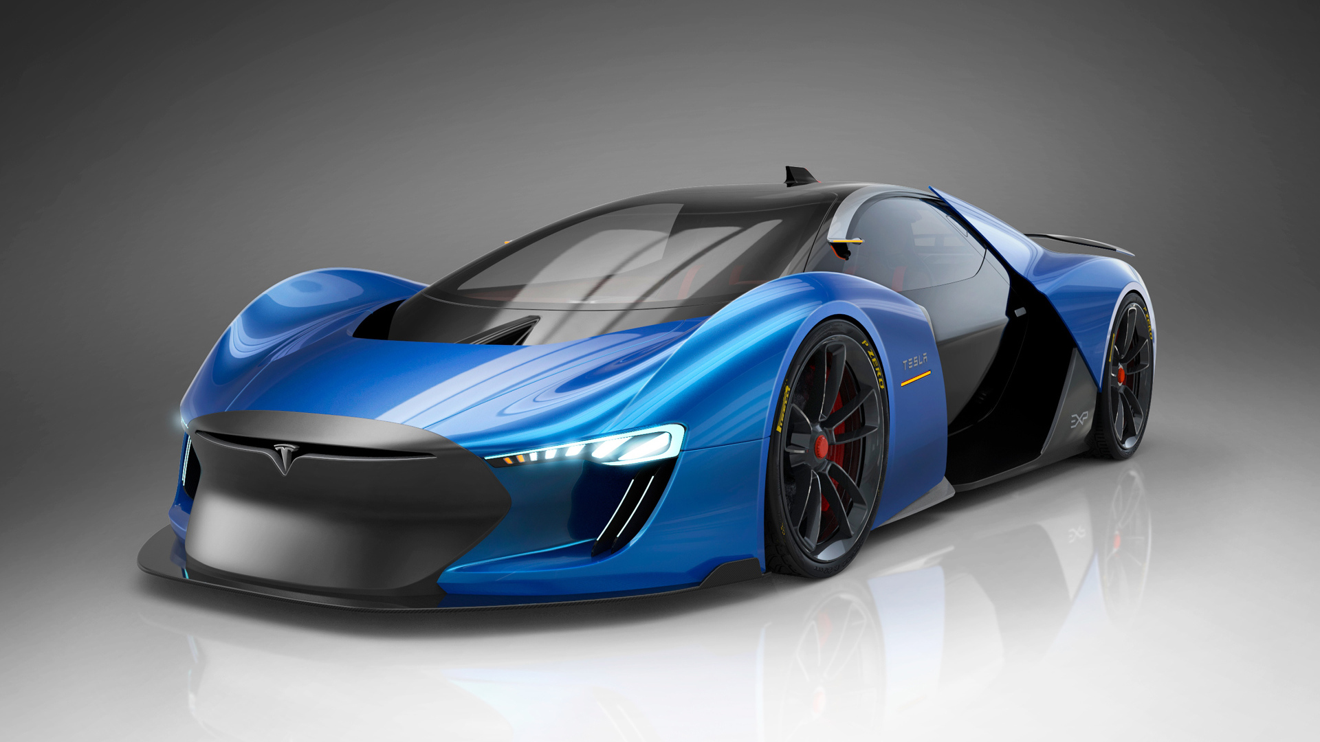 Дорогой автомобиль Tesla Model EXP, 2018 на сером фоне