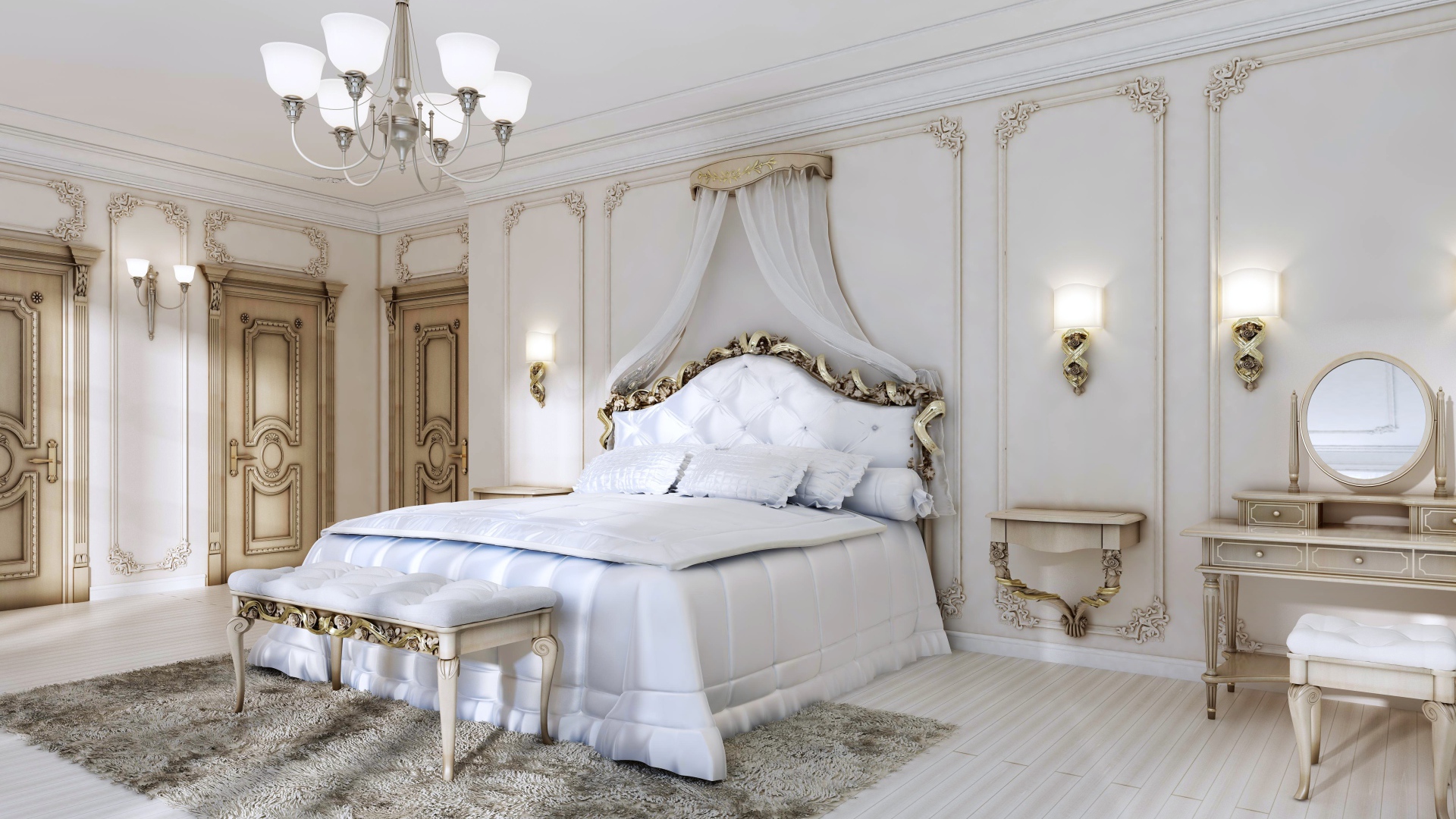 Большая спальня в пастельных тонах с красивой белой кроватью 