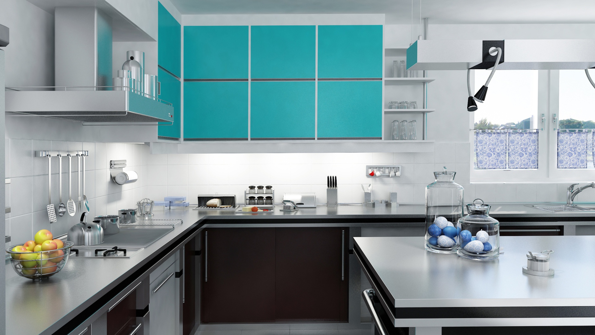 Стильная кухня сером и голубом цвете