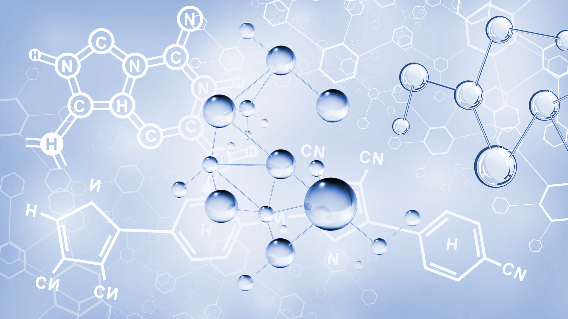 Chemical compounds on a blue background, 3D graphics