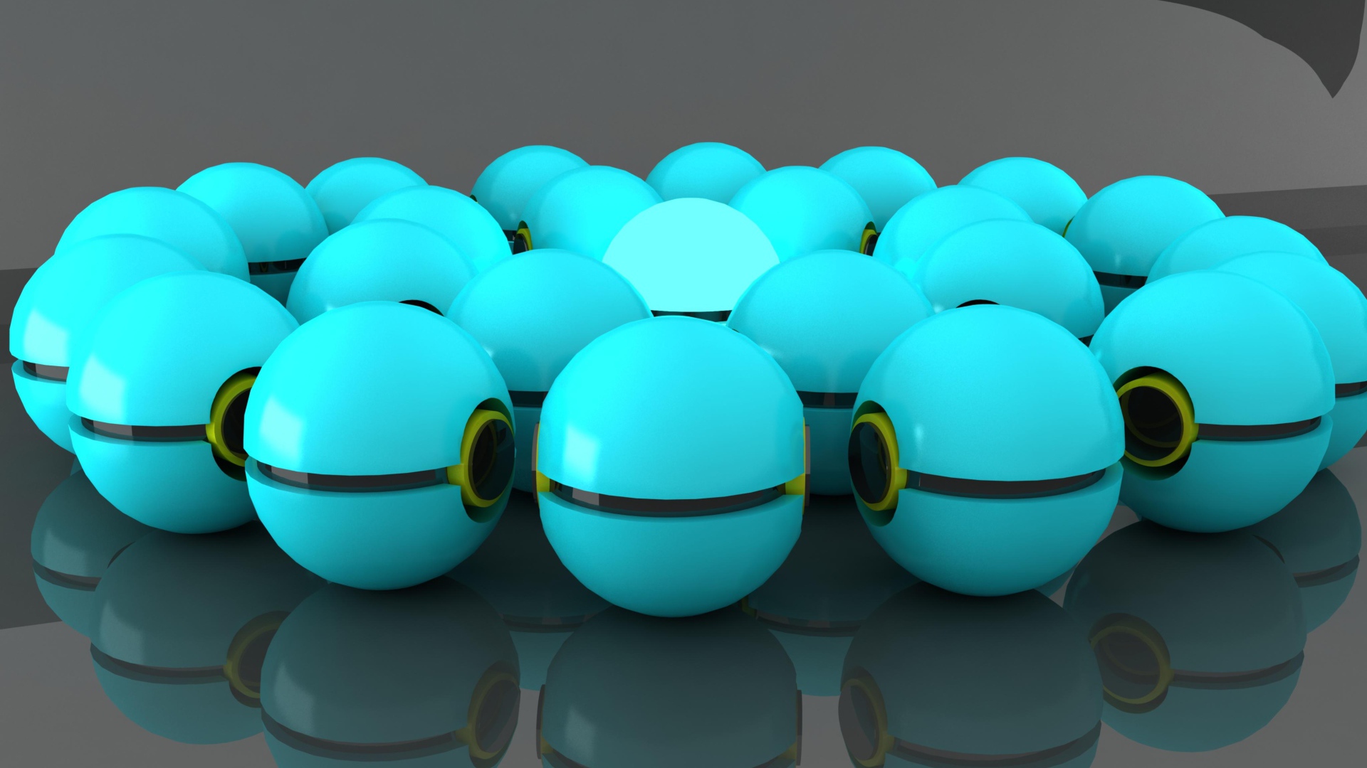 Много голубых шаров отражаются в сером поверхности 