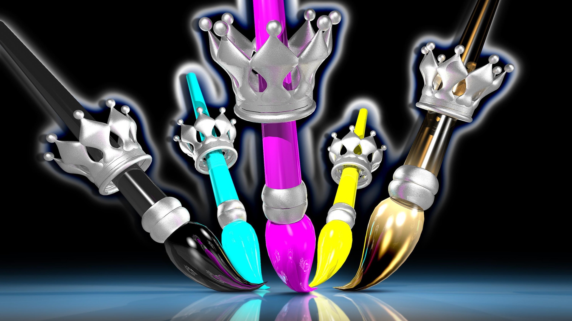 Разноцветные кисточки с коронами 3д графика