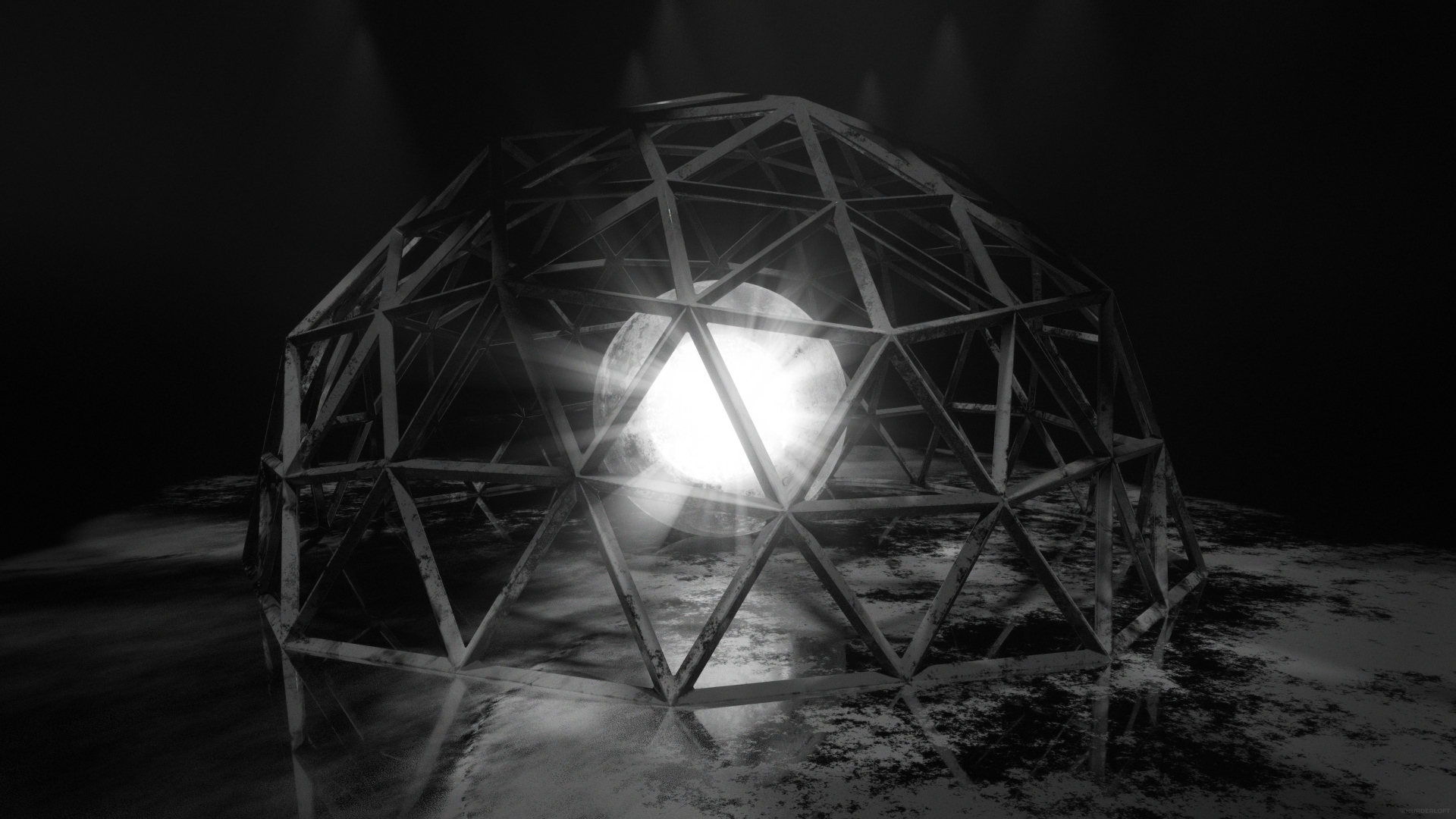 Белый яркий шар под железной клеткой 