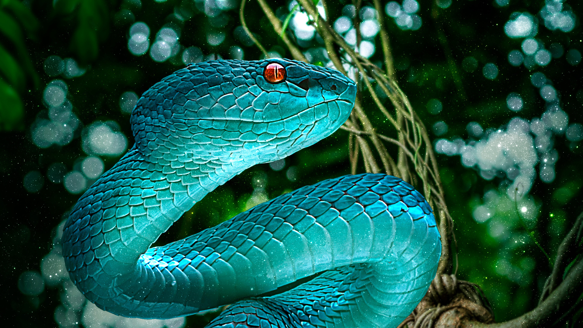 Голубая змея с красными глазами крупным планом