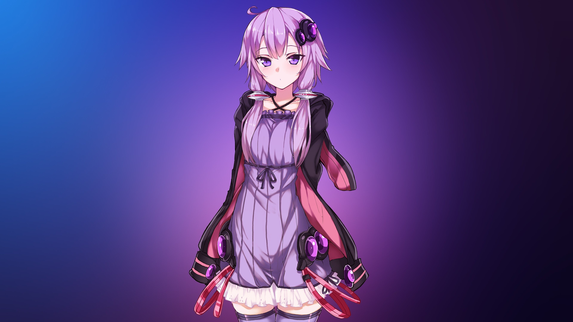 Девушка аниме Юзуки Юкари на фиолетовом фоне