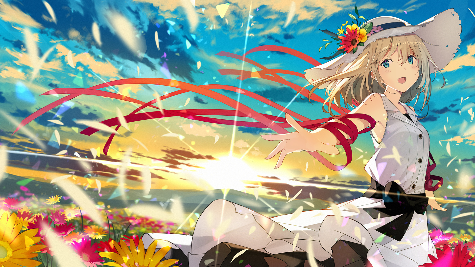 Девушка аниме в шляпе гуляет по полю с цветами