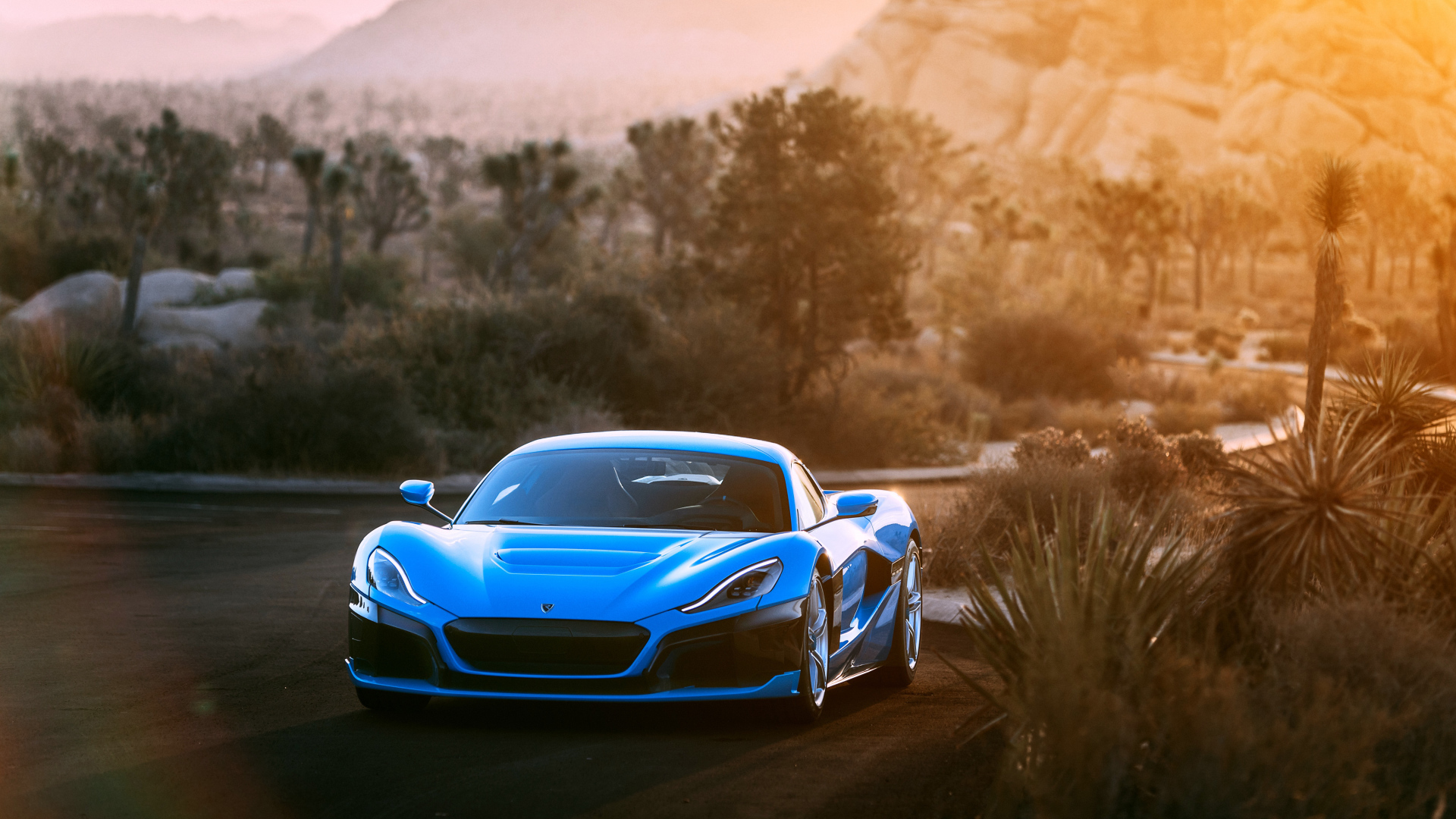 Синий спортивный автомобиль Rimac C Two California Edition вид спереди