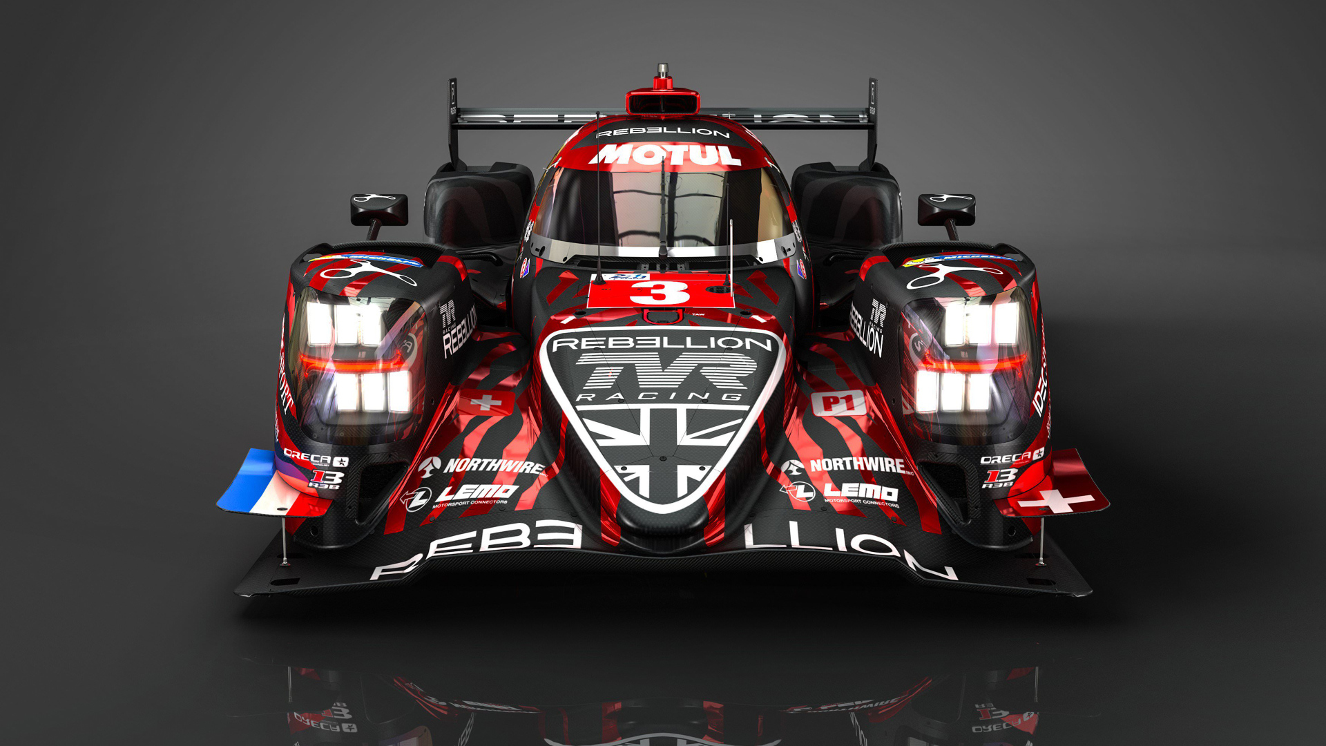 Гоночный автомобиль Rebellion R13 на сером фоне вид спереди