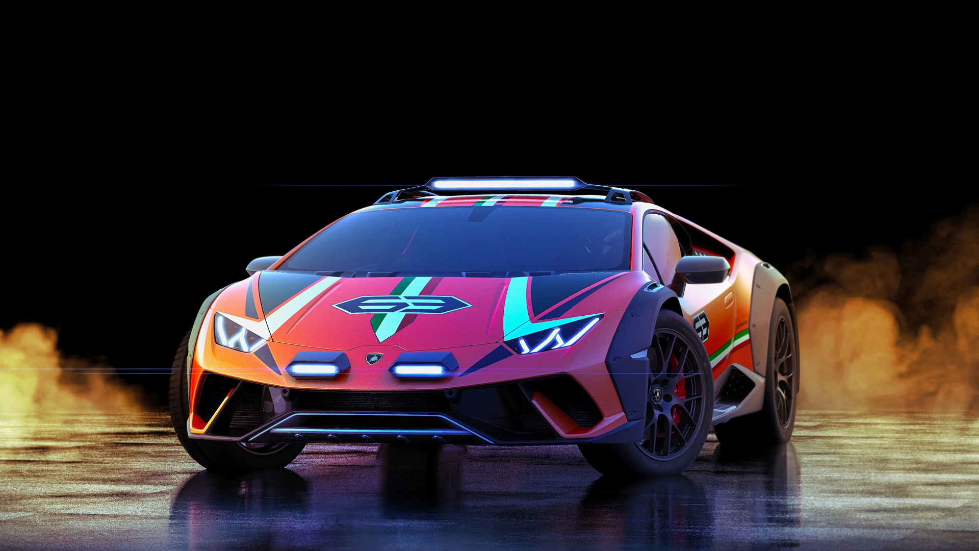 Гоночный автомобиль Lamborghini Huracan,  2019 года на мокром асфальте