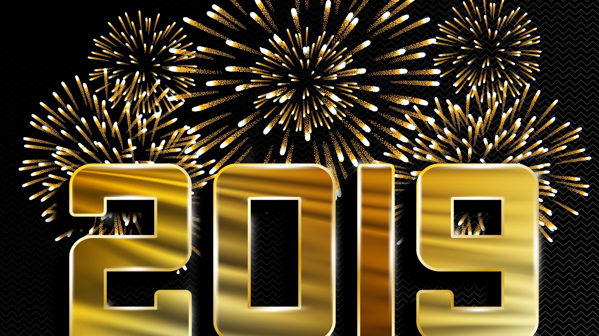 Блестящие цифры 2019 на черном фоне на с салютом