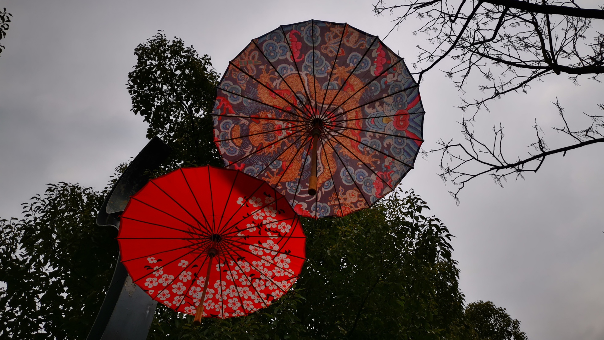 Два разноцветных японских зонтика на фоне неба