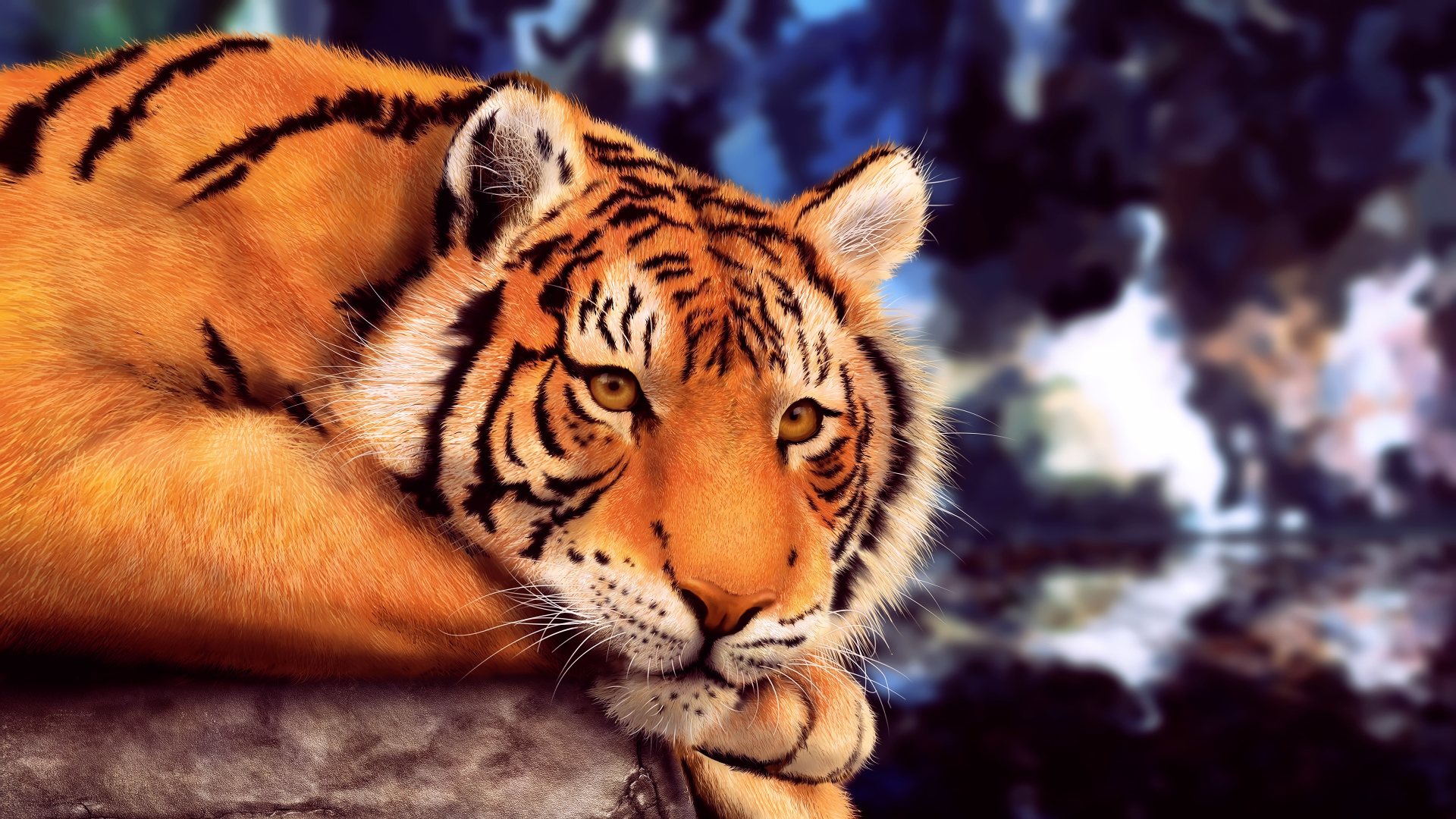 Большой нарисованный тигр лежит на камне