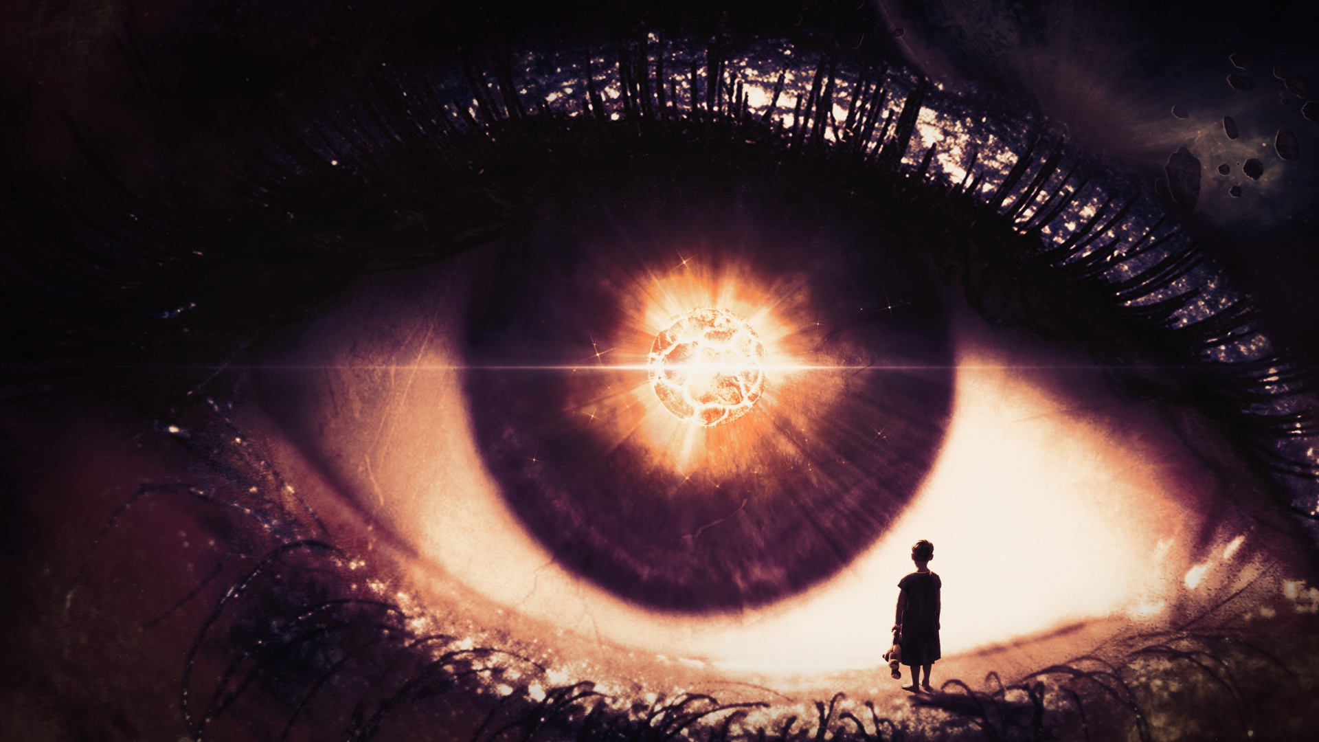 Маленькая девочка стоит на открытом фантастическом глазу