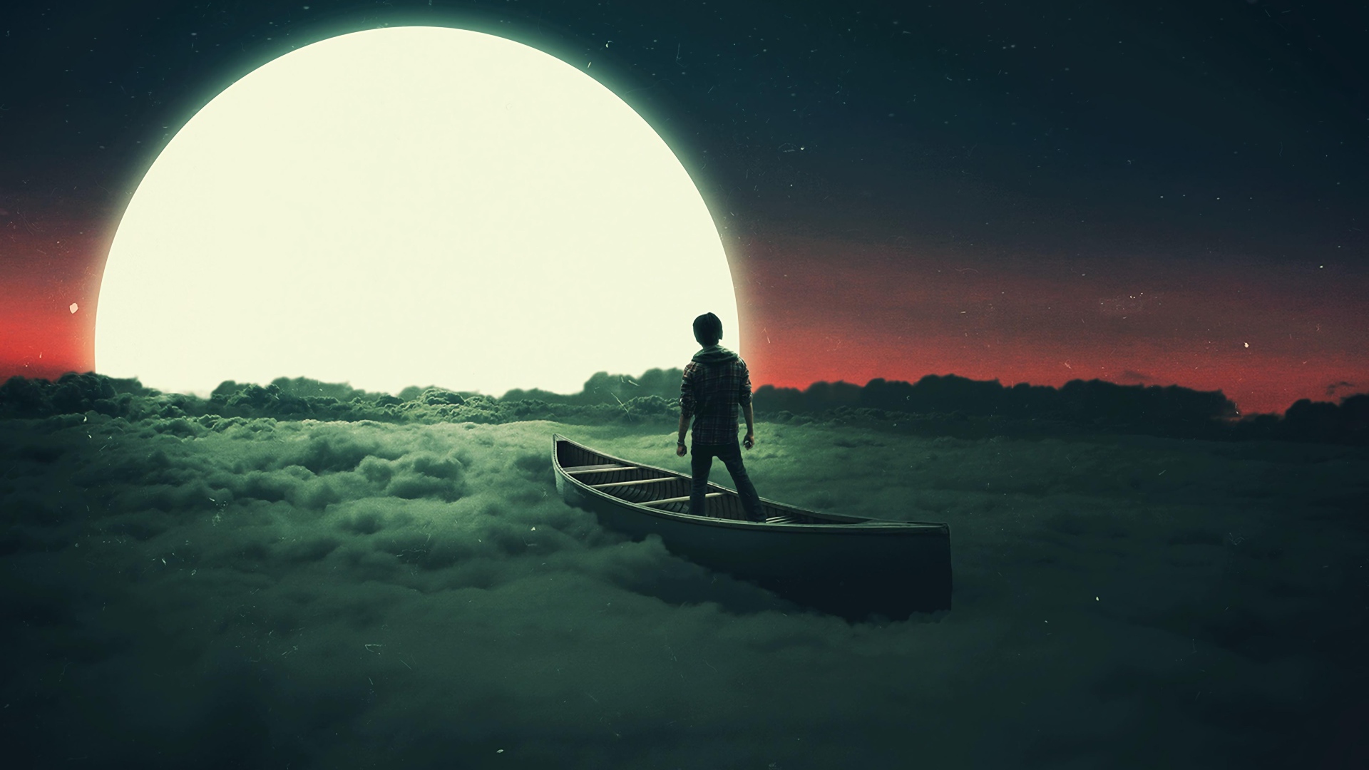 Мальчик плывет на лодке по облакам к луне